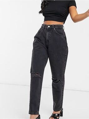 ASOS DESIGN Black Straight-Leg Distressed Women's Mom’s Jeans, Size 28/32
